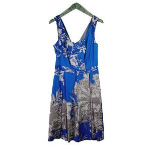 Donna Ricco Blue Gray Floral A-Line Pleated Sleeveless Dress Sz 14